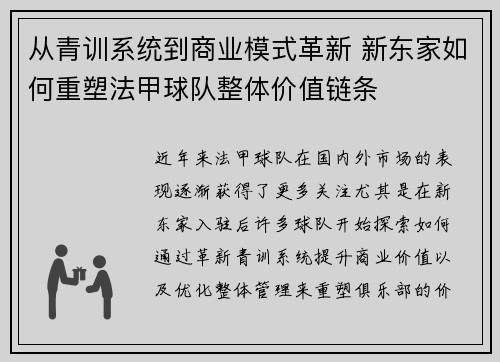从青训系统到商业模式革新 新东家如何重塑法甲球队整体价值链条