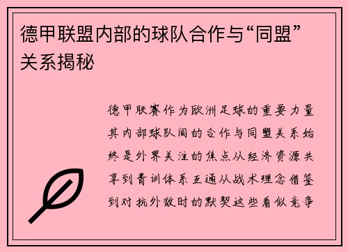 德甲联盟内部的球队合作与“同盟”关系揭秘